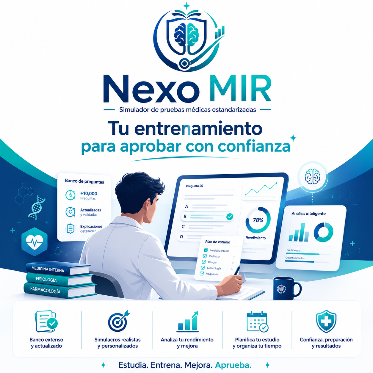 Estudiante usando Nexo MIR con banco de preguntas, explicaciones y estadisticas