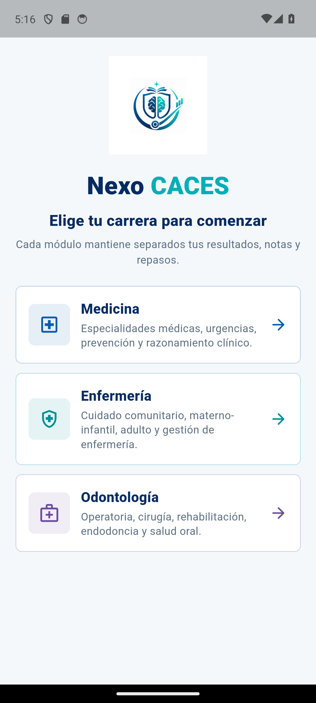 Nexo CACES en Android con selección de módulo profesional