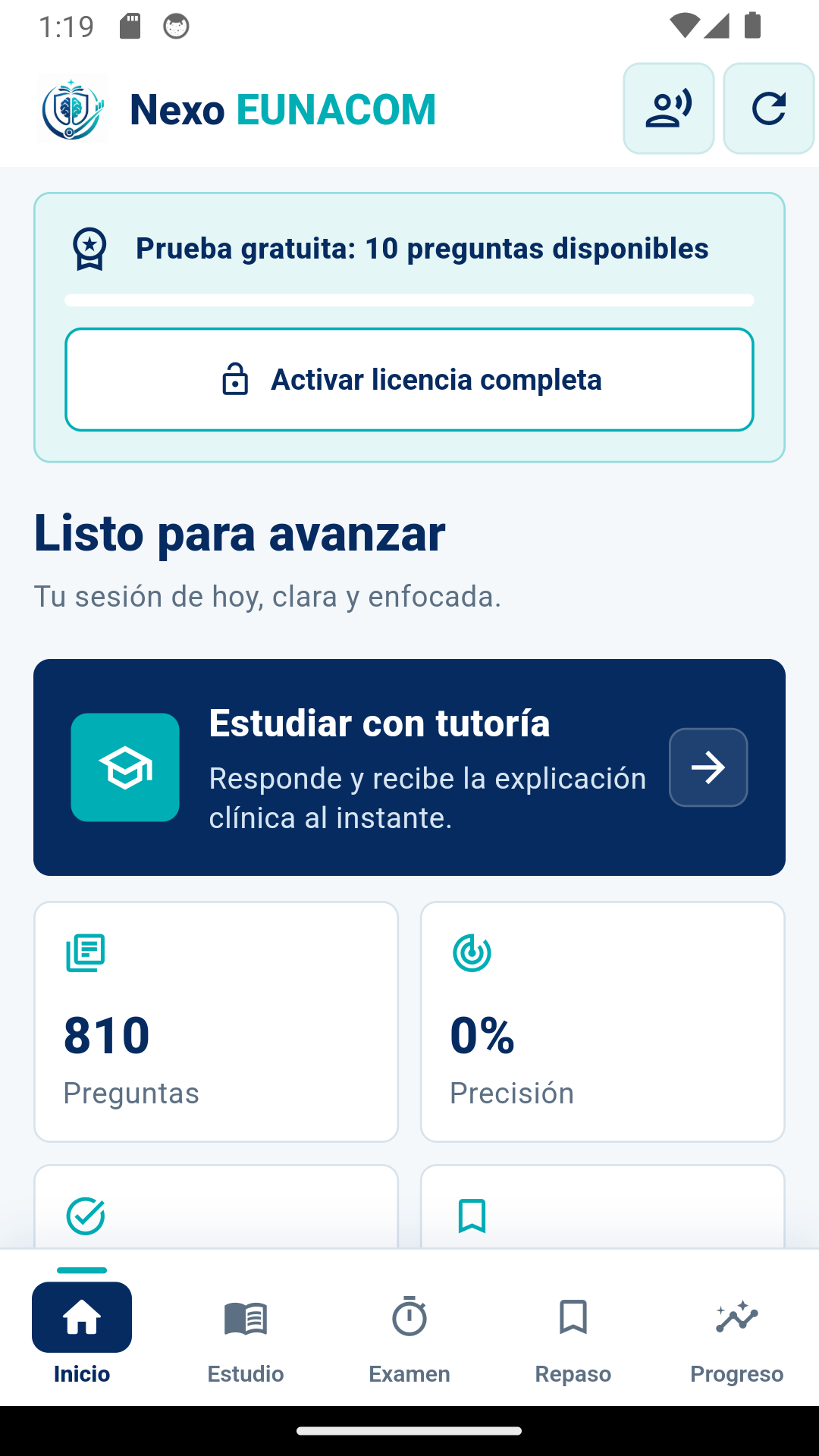Pantalla real de inicio de Nexo EUNACOM en Android