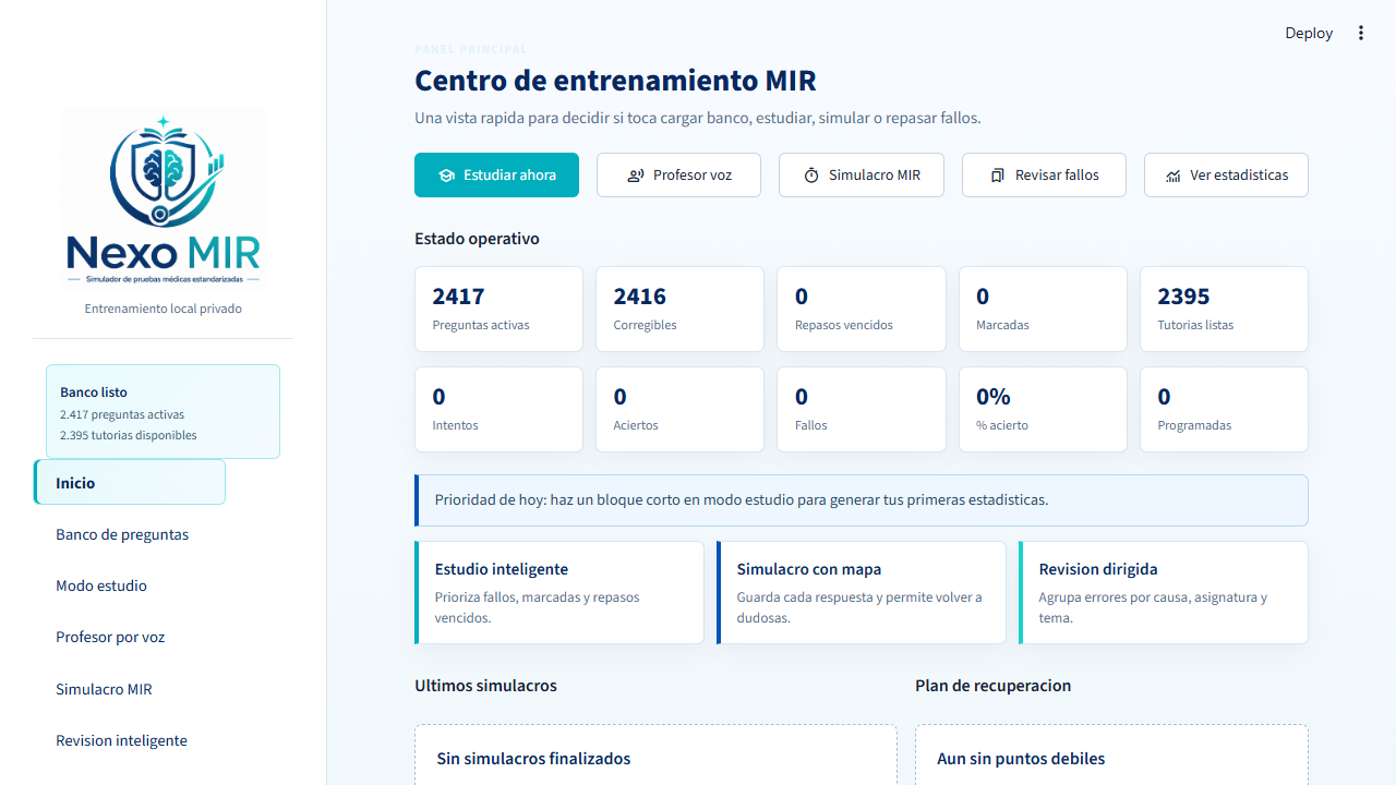 Captura real del centro de entrenamiento Nexo MIR para Windows